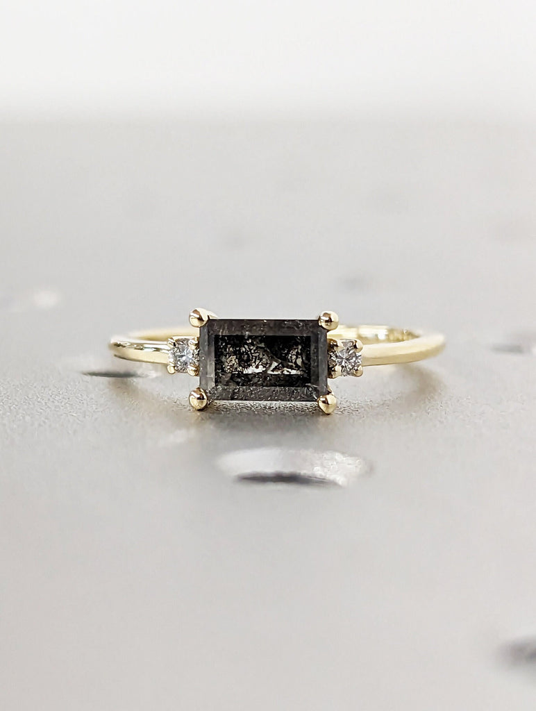 Elongated Emerald Baguette Raw Salt and Pepper Diamond Gold Engagement Ring Art Deco 1920s Inspired Thin Petite Band 14k Unique Ring for Her