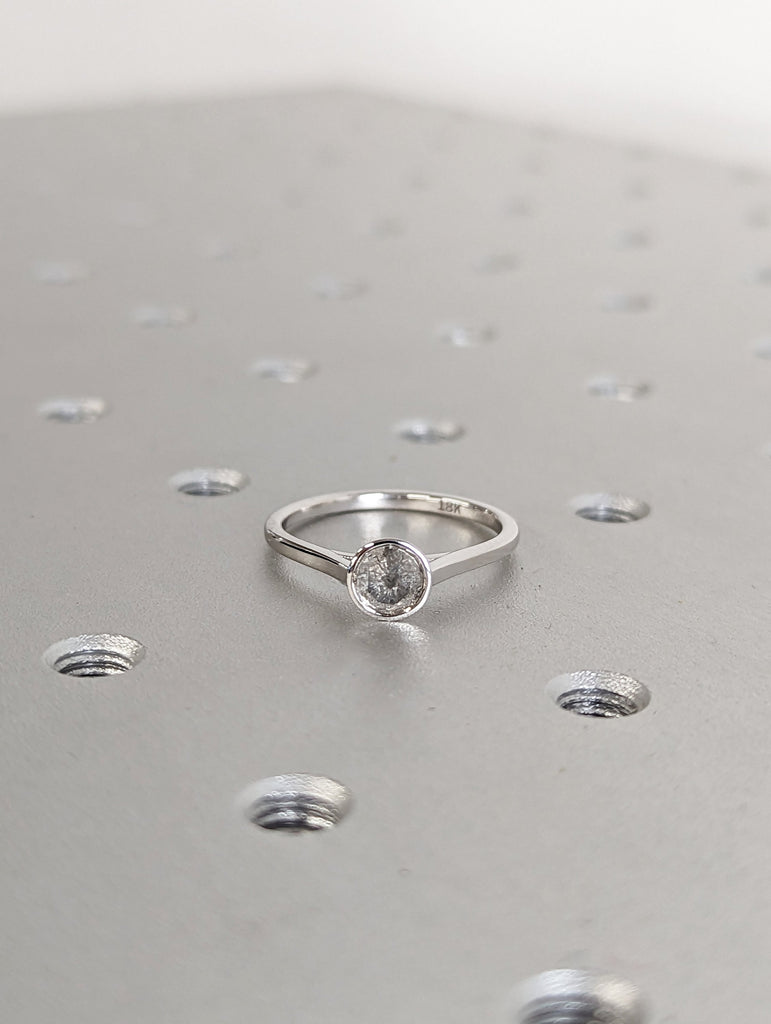 Round Bezel Solitaire Ring Brilliant Cut Galaxy Salt And Pepper Diamond Engagement Ring Dainty Promise Ring Solitaire Bezel Ring