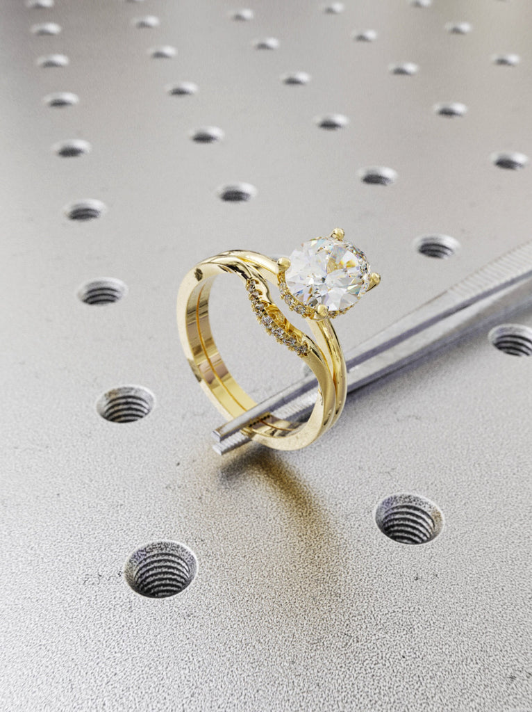 1.5 ct. Hidden halo engagement ring, solitaire oval moissanite ring, Hidden Halo Oval Cut Solitaire Engagement Ring Set in 14K Yellow gold