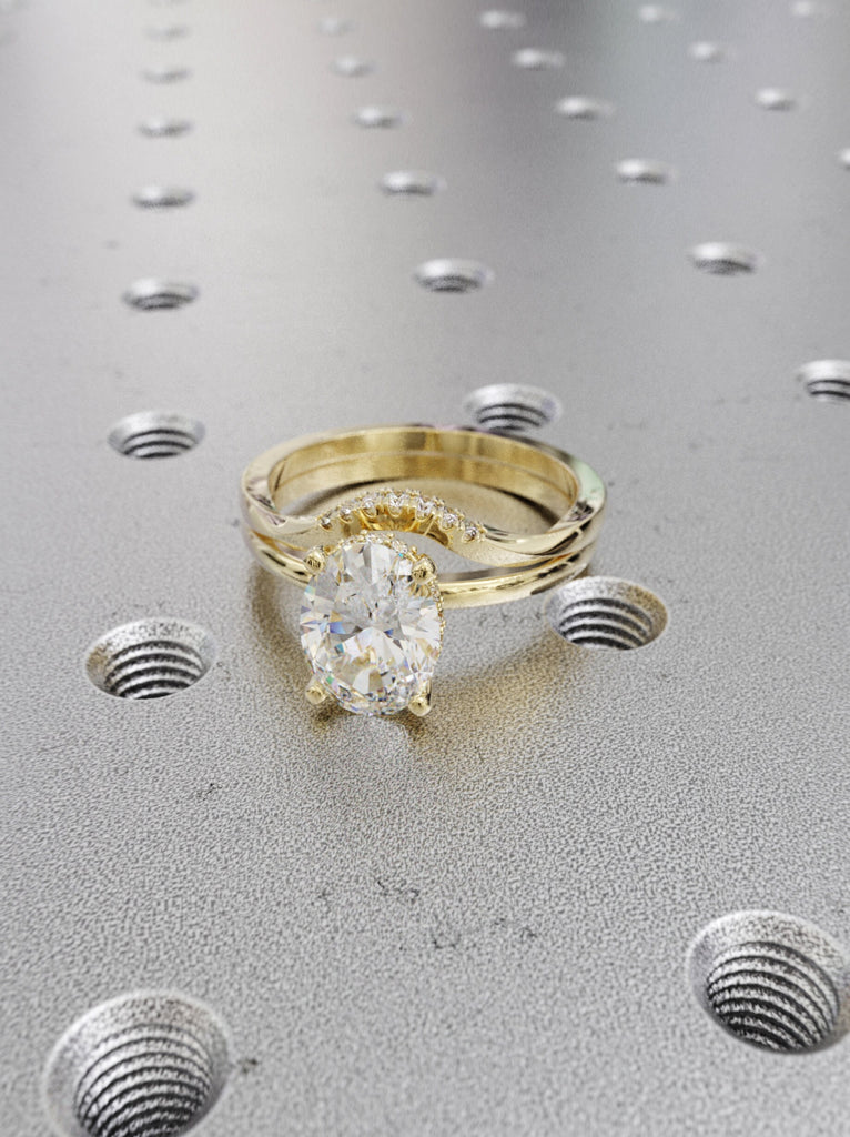 1.5 ct. Hidden halo engagement ring, solitaire oval moissanite ring, Hidden Halo Oval Cut Solitaire Engagement Ring Set in 14K Yellow gold