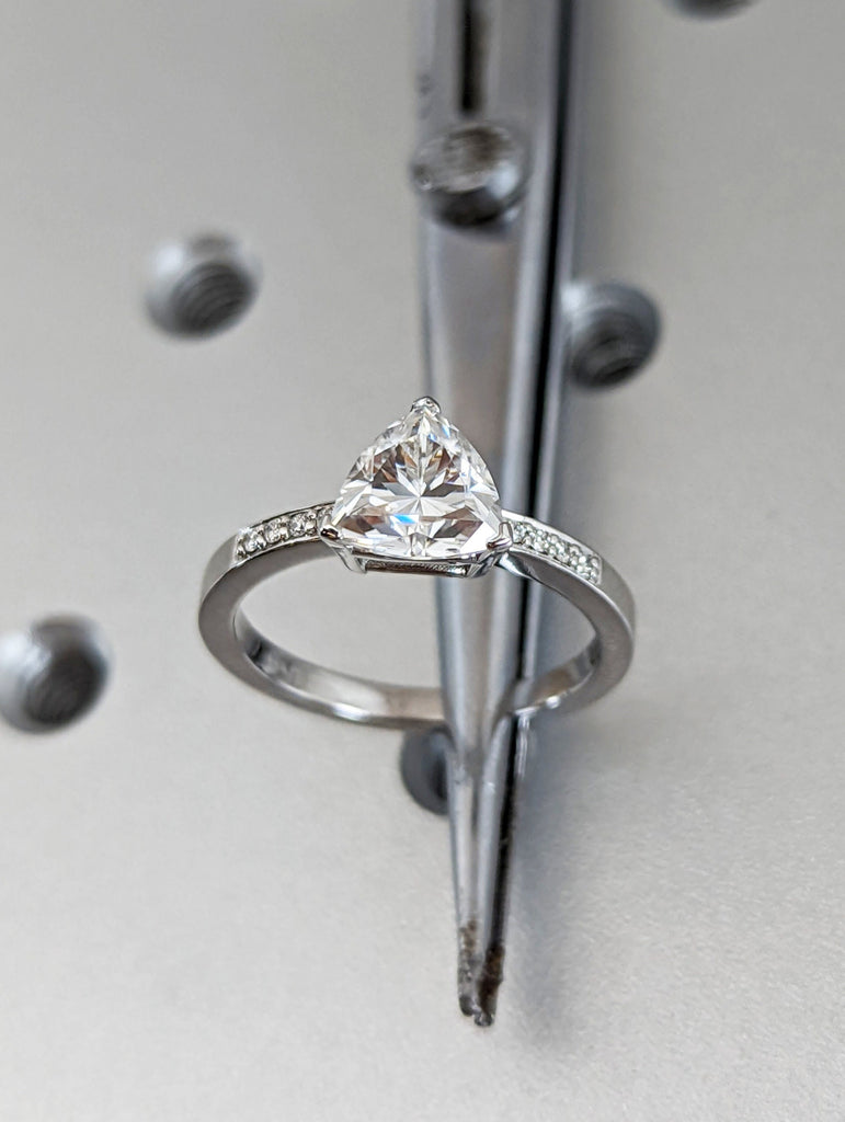 14k White Gold Trillion Cut Solitaire Engagement Ring, Wedding Ring, Bridal Ring, Man Made Diamond Simulant, Lab Created Moissanite, 1.5 ct