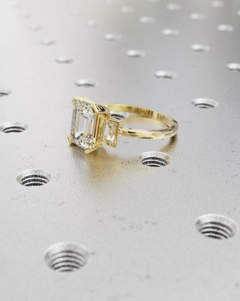 Vintage emerald moissanite engagement ring yellow gold engagement ring tapered baguette cut moissanite ring bridal wedding band for women