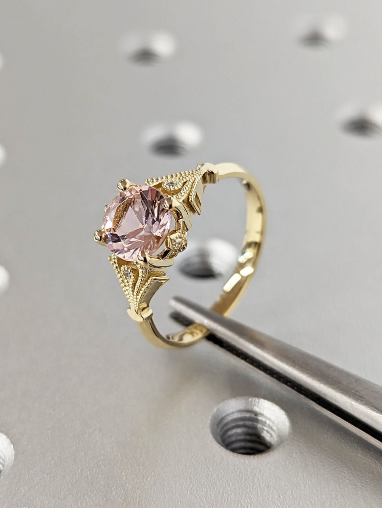 Vintage Engagement Ring Pink Morganite 14k White Gold, Unique Engagement Ring For Women, Art Deco Ring