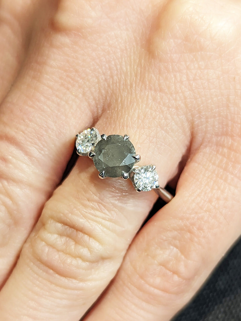 1.25 Carat 1920's Raw Salt and Pepper Diamond, Round Diamond Ring, Unique Engagement Bridal, Black, Gray Pear, 18k Yellow, Rose, White Gold