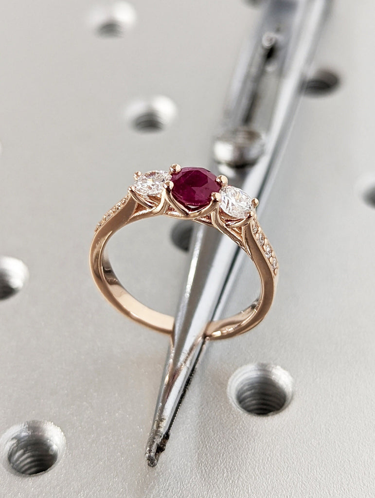 Vintage Red Ruby Ring Engagement Ring, Round Cut Gems, Art Deco Diamond Wedding Band, 3 Stone Unique Women Bridal Promise Ring,14K Rose gold