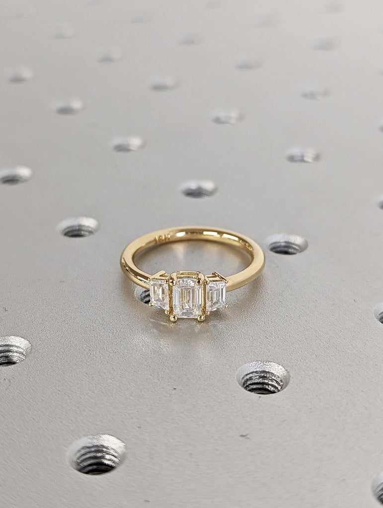 Three Stone Emerald Cut Moissanite Engagement Ring, Side Trapezoid Moissanite, Three Stone Engagement Ring, Emerald Cut and trapezoid Cut