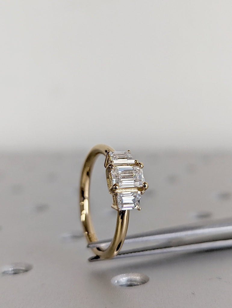 Three Stone Emerald Cut Moissanite Engagement Ring, Side Trapezoid Moissanite, Three Stone Engagement Ring, Emerald Cut and trapezoid Cut