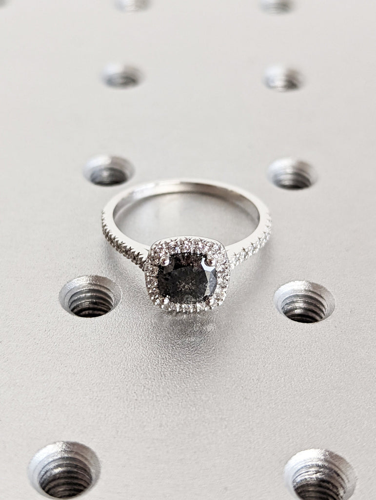 1.25 Ct Halo Engagement Ring, Cushion Cut Salt and Pepper Diamond, Statement Ring 14K Solid White Gold Classic Timeless Promise Wedding Ring