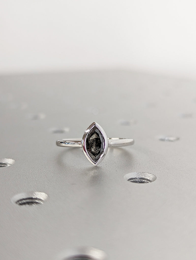 1920's Raw Salt and Pepper Diamond, Rose Cut Marquise Diamond Ring, Unique Engagement, Black, Gray Marquise, 14k Yellow, Rose, or White Gold