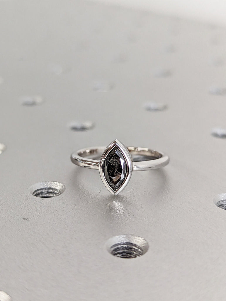 1920's Raw Salt and Pepper Diamond, Rose Cut Marquise Diamond Ring, Unique Engagement, Black, Gray Marquise, 14k Yellow, Rose, or White Gold