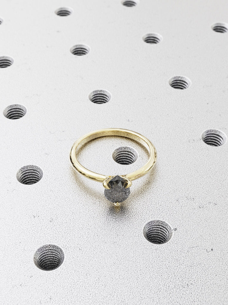 1920's Raw Salt and Pepper Diamond, Rose Cut Pear Diamond Ring, Unique Engagement, Black, Gray Pear, 14k Yellow, Rose, or White Gold