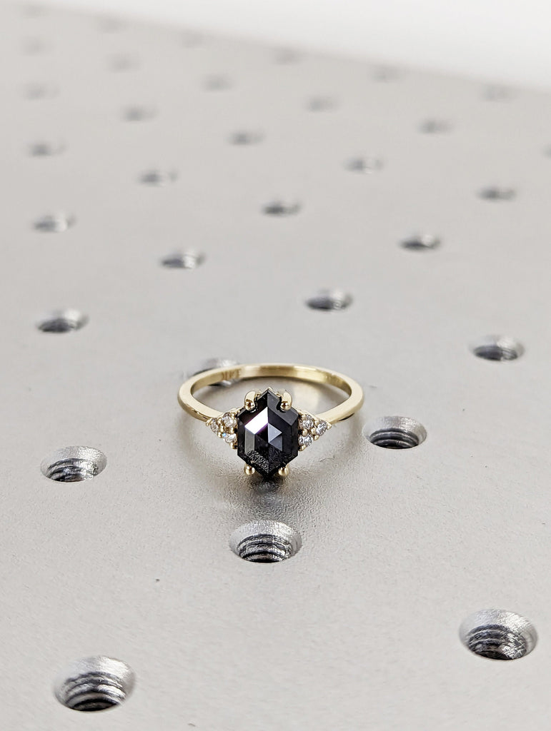 Raw Diamond Hexagon Round Diamond, Salt and Pepper, Unique Engagement Ring, Rose Cut Geometric Diamond Ring, 14k Gold, Custom Handmade