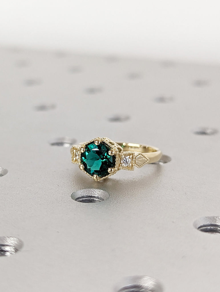 Emerald ring vintage emerald engagement ring 14k black gold ring gift unique antique wedding promise anniversary ring for her