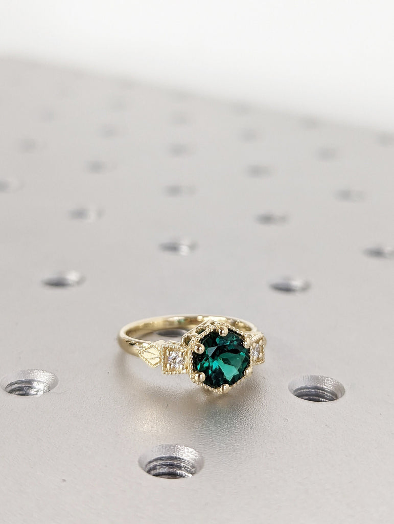 Emerald ring vintage emerald engagement ring 14k black gold ring gift unique antique wedding promise anniversary ring for her