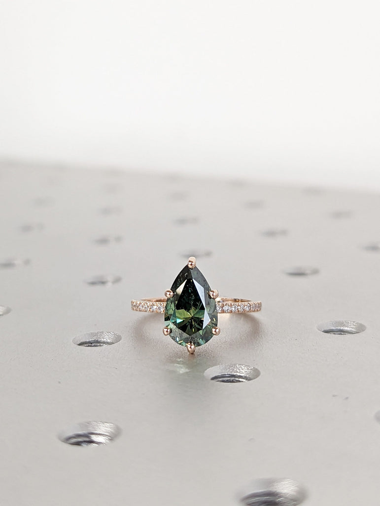 Colored Moissanite Engagement, Green Moissanite Ring, Vintage blue-green pear engagement ring, Green Color Moissanite hidden halo ring