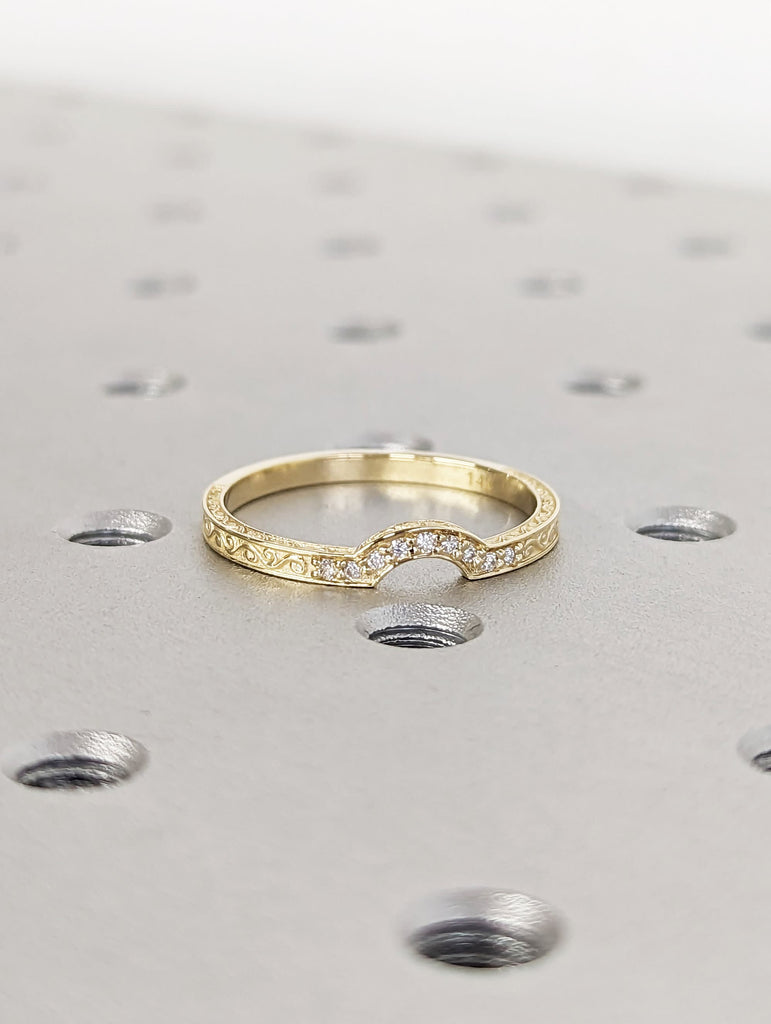 Diamond Curved Wedding Band- 14K Solid Yellow Gold Band- Nesting Wedding Ring- Wedding Band For Solitaire Engagement Ring - Matching Ring