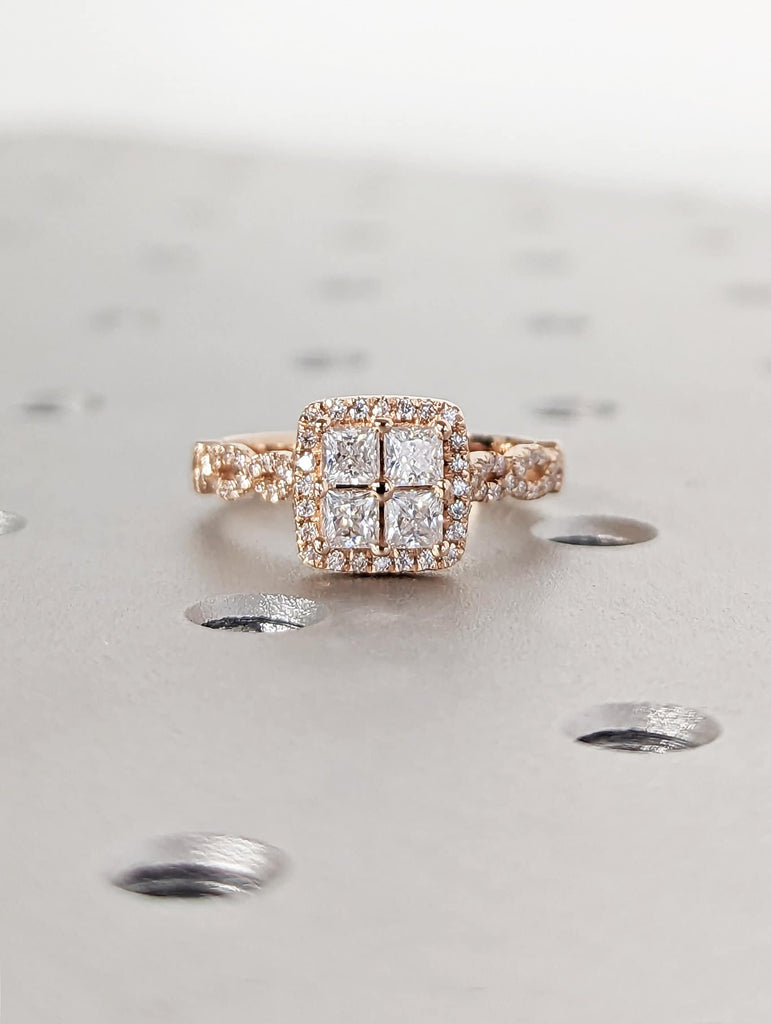 Quad Princess cut moissanite engagement ring Unique rose gold engagement ring Dainty diamond bridal ring Twist promise ring anniversary gift
