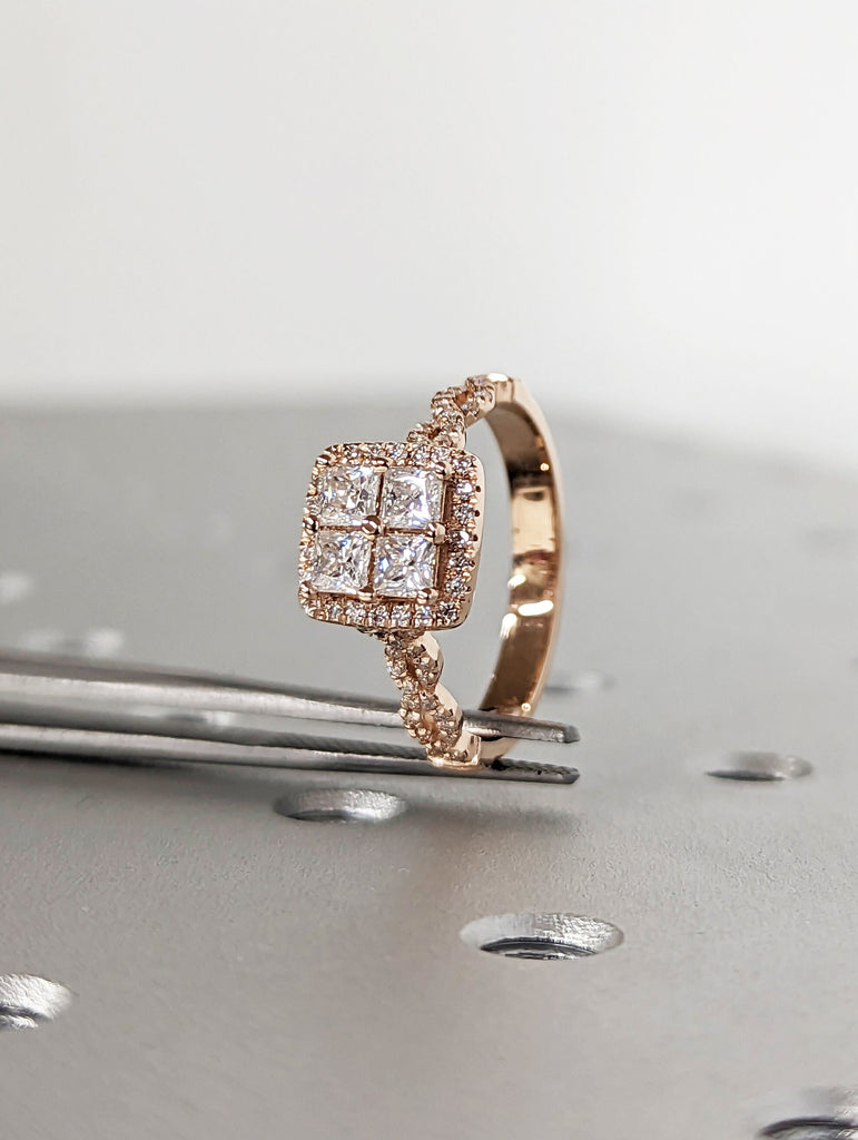 Quad Princess cut moissanite engagement ring Unique rose gold engagement ring Dainty diamond bridal ring Twist promise ring anniversary gift