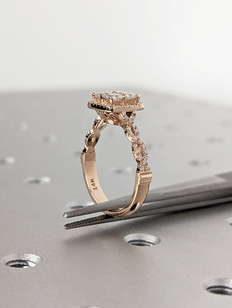 Quad Princess cut moissanite engagement ring Unique rose gold engagement ring Dainty diamond bridal ring Twist promise ring anniversary gift
