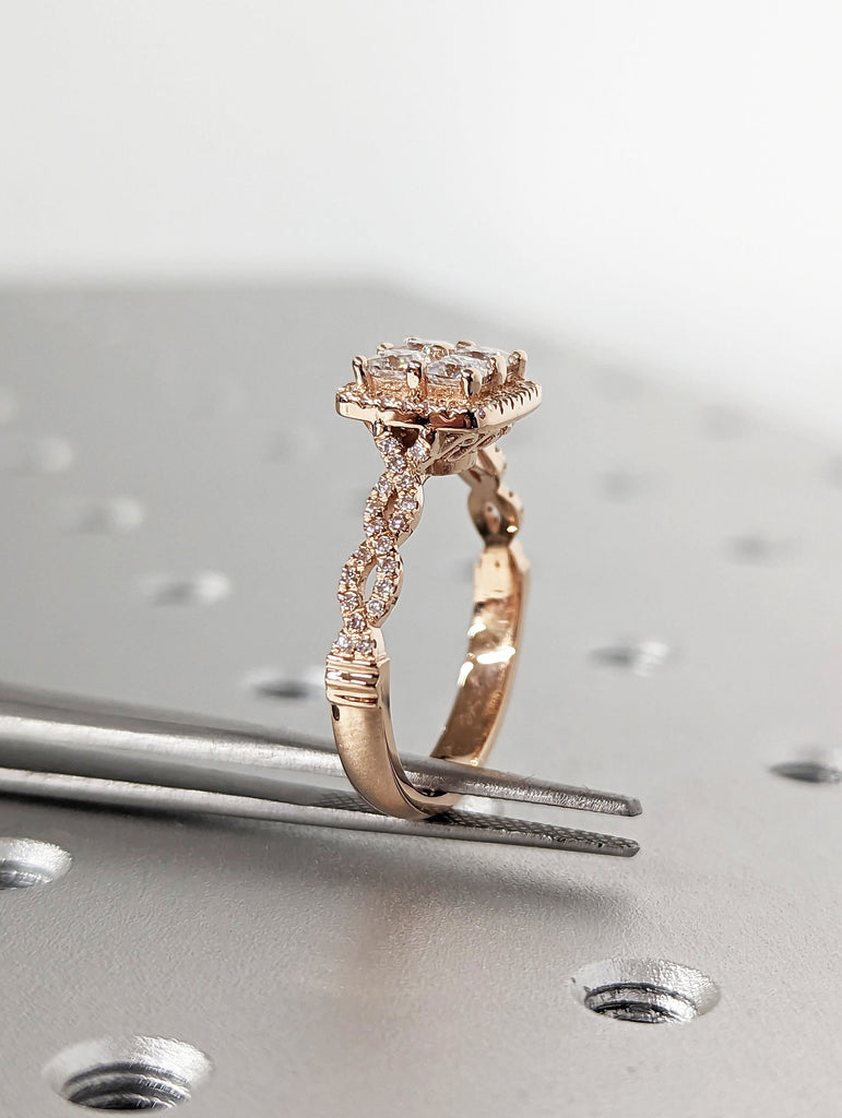 Quad Princess cut moissanite engagement ring Unique rose gold engagement ring Dainty diamond bridal ring Twist promise ring anniversary gift