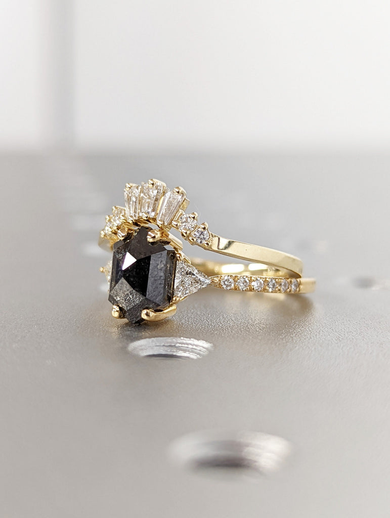 Galaxy Raw Diamond Hexagon Triangle Diamond, Salt and Pepper, Unique Bridal Engagement Set, Rose Cut Geometric Diamond Ring, 18k yellow gold