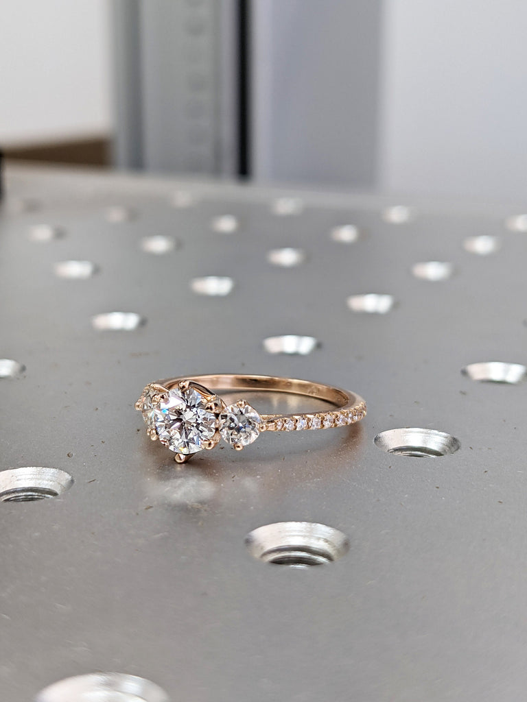 14K Rose Gold 3 Stone Promise Ring For Her, Three Stone Engagement Ring With Side Stones, Lab Grown Diamond Ring, Past Present Future Ring