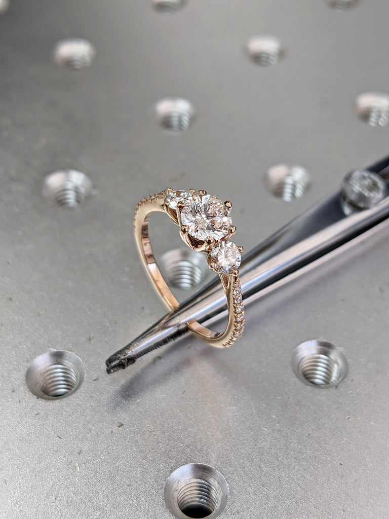 14K Rose Gold 3 Stone Promise Ring For Her, Three Stone Engagement Ring With Side Stones, Lab Grown Diamond Ring, Past Present Future Ring