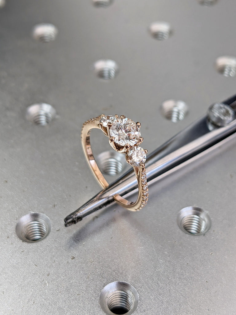 14K Rose Gold 3 Stone Promise Ring For Her, Three Stone Engagement Ring With Side Stones, Simulated Diamond Ring, Past Present Future Ring
