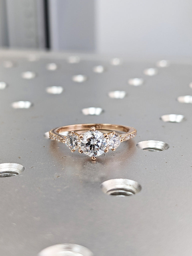 14K Rose Gold 3 Stone Promise Ring For Her, Three Stone Engagement Ring With Side Stones, Lab Grown Diamond Ring, Past Present Future Ring