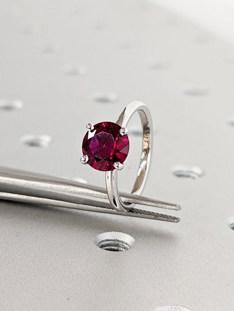 Minimalist Birthstone Ring • Gemstone Ring in 14K White Gold • Dainty Birthstone Ring • Stacking Ring • Gifts for Mom • 8mm Ruby • Solitaire