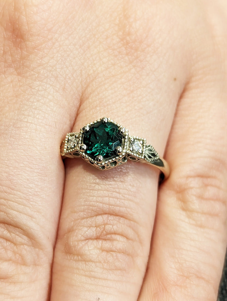 Emerald ring vintage emerald engagement ring 14k gold ring gift unique antique wedding promise anniversary ring for her simple promise ring