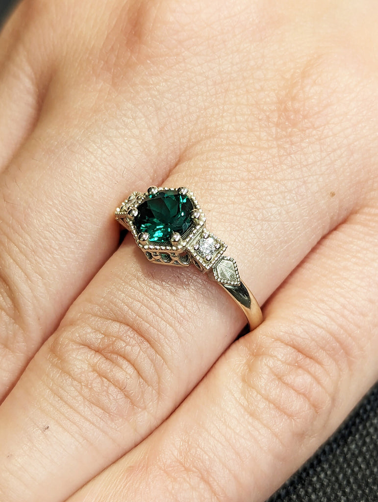 Emerald ring vintage emerald engagement ring 14k gold ring gift unique antique wedding promise anniversary ring for her simple promise ring