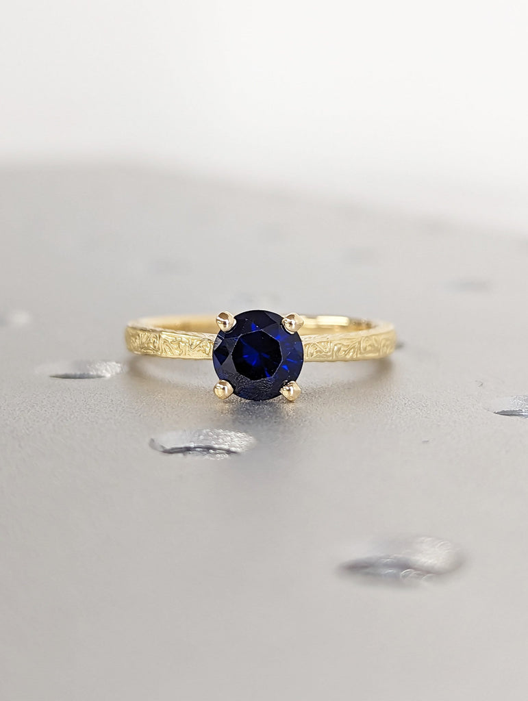 6.5mm Blue Sapphire Engagement Ring, Vintage Inspired Sapphire Ring, Rose/Yellow/White/Black Gold Round Sapphire Ring, Simple Promise Ring