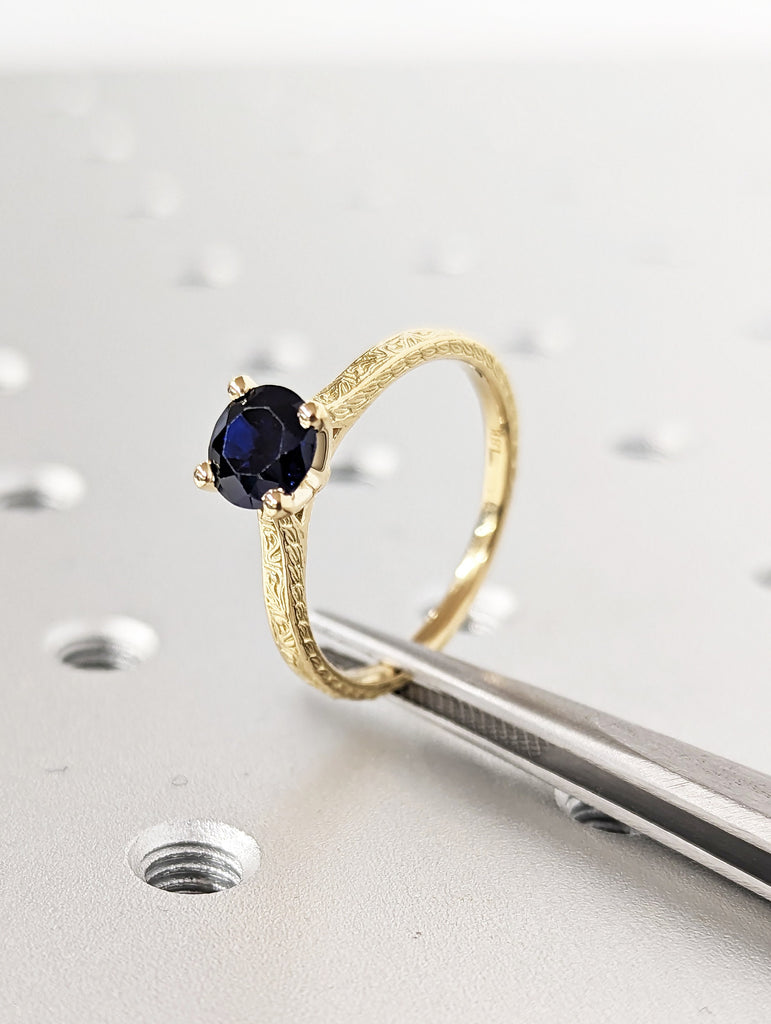 6.5mm Blue Sapphire Engagement Ring, Vintage Inspired Sapphire Ring, Rose/Yellow/White/Black Gold Round Sapphire Ring, Simple Promise Ring