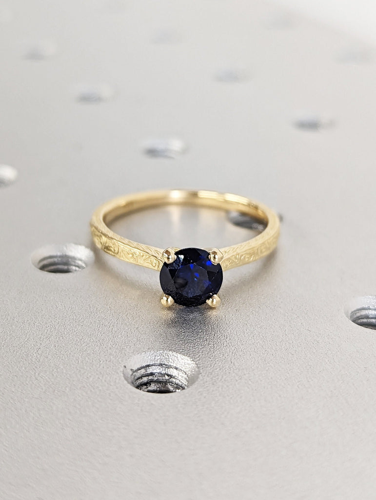 6.5mm Blue Sapphire Engagement Ring, Vintage Inspired Sapphire Ring, Rose/Yellow/White/Black Gold Round Sapphire Ring, Simple Promise Ring