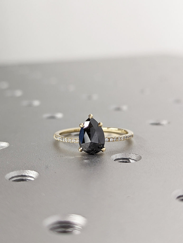 1.5 Carat 1920's Raw Salt and Pepper Diamond, Pear Diamond Ring, Unique Engagement Bridal , Black, Gray Pear 14k Yellow, Rose White Gold