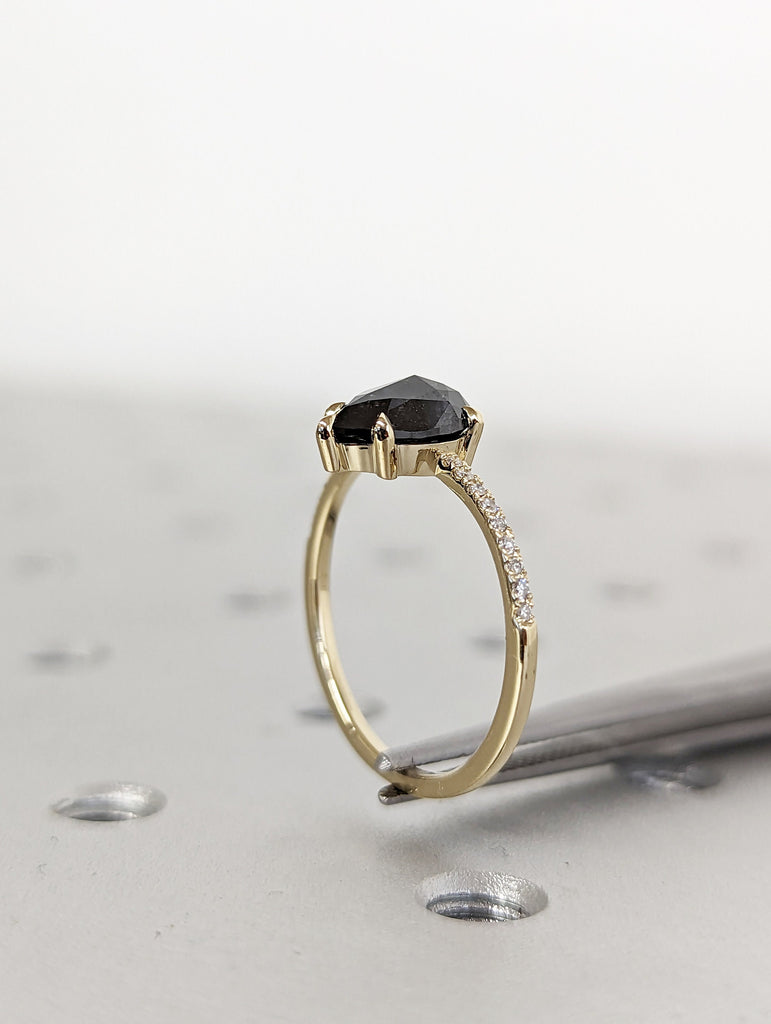 1.5 Carat 1920's Raw Salt and Pepper Diamond, Pear Diamond Ring, Unique Engagement Bridal , Black, Gray Pear 14k Yellow, Rose White Gold