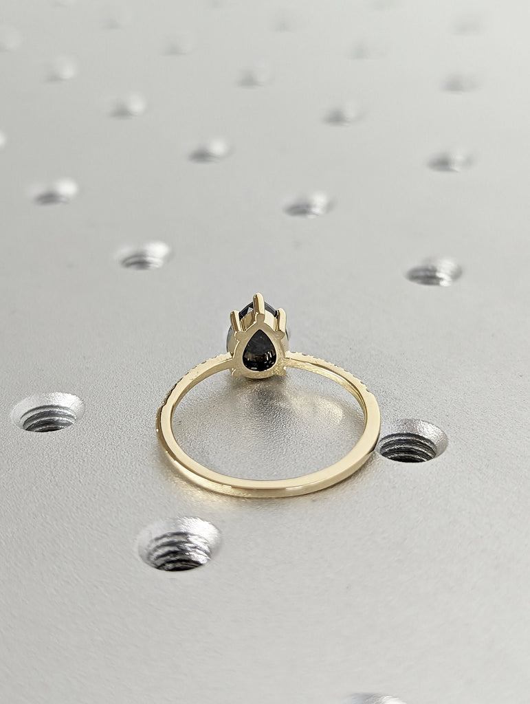 1.5 Carat 1920's Raw Salt and Pepper Diamond, Pear Diamond Ring, Unique Engagement Bridal , Black, Gray Pear 14k Yellow, Rose White Gold