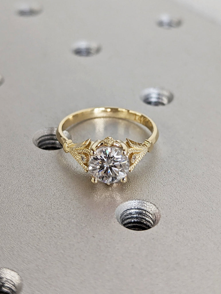 Vintage Lab Created Diamond Engagement Ring 14k yellow gold, 1ct Simulant Diamond Ring, Antique Round cut Bridal ring,Art deco Ring Milgrain