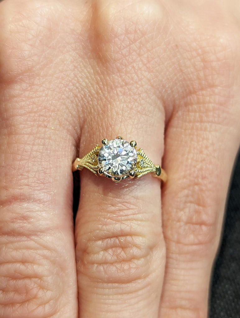 Vintage Lab Created Diamond Engagement Ring 14k yellow gold, 1ct Simulant Diamond Ring, Antique Round cut Bridal ring,Art deco Ring Milgrain