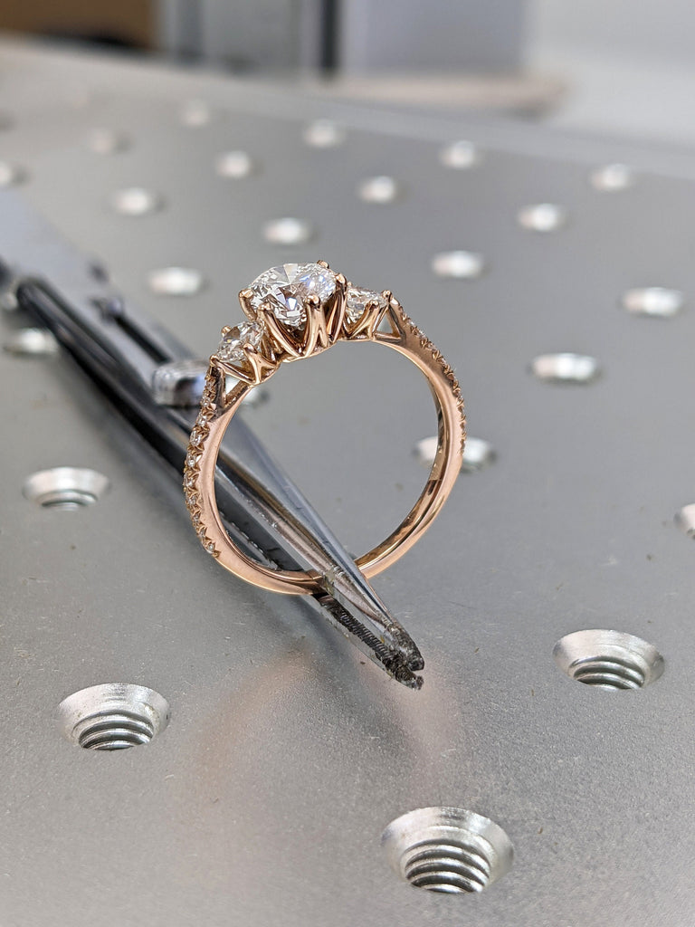 14K Rose Gold 3 Stone Promise Ring For Her, Three Stone Engagement Ring With Side Stones, Lab Grown Diamond Ring, Past Present Future Ring