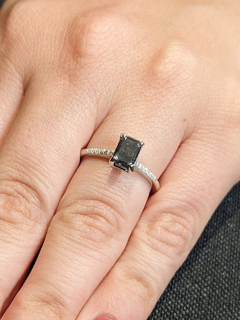 1.5 Carat Salt and Pepper Engagement Ring, Emerald Cut Diamond, Statement Ring 14K Gold, Classic Timeless Promise Wedding Ring, Hidden Halo