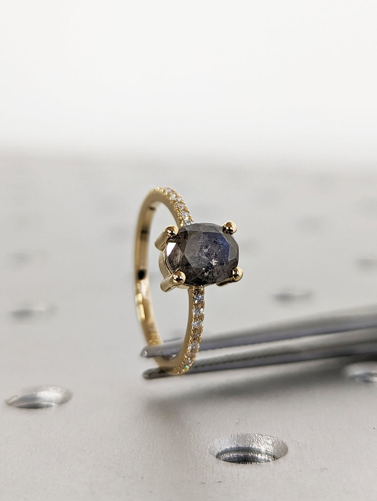 1920's Raw Salt and Pepper Diamond, Oval Diamond Ring, Unique Engagement Bridal Set, Black, Gray Oval, 18k Yellow, Rose, Black or White Gold