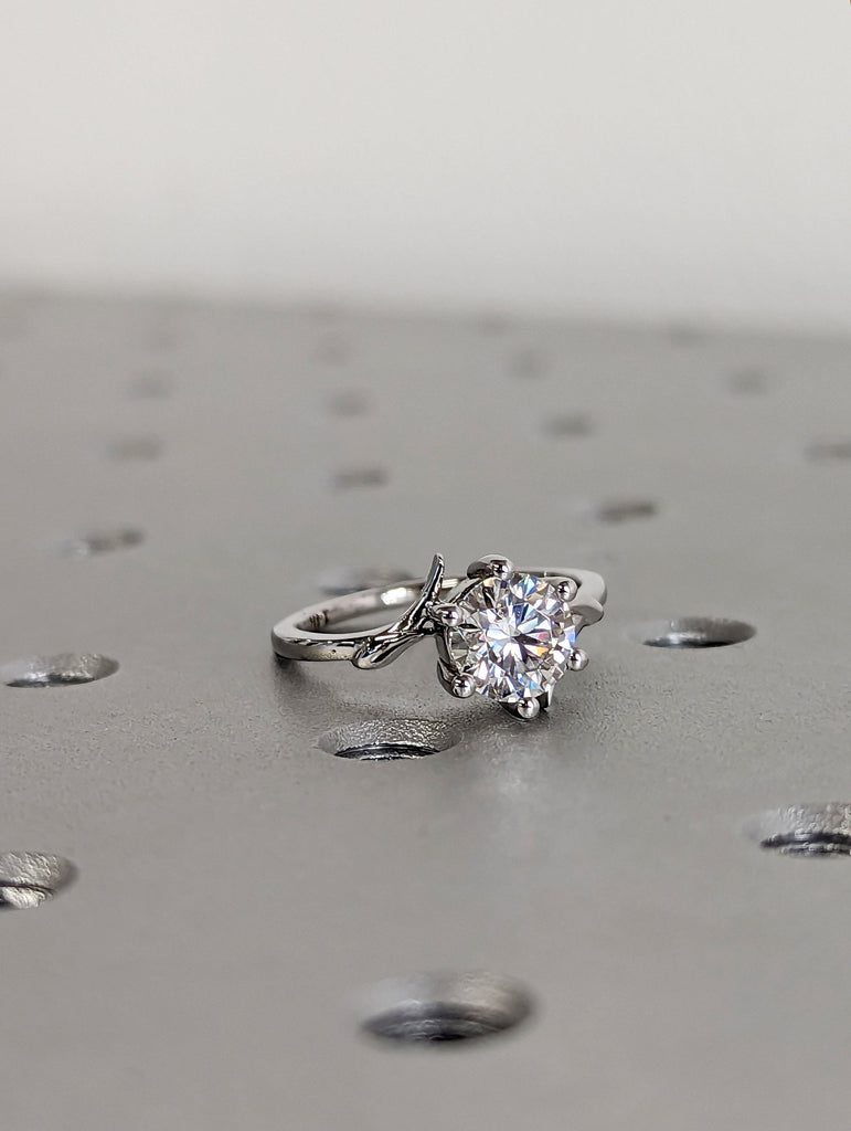 Vintage Moissanite Engagement Ring, 14k White Gold Unique Leaf Branch Diamond Ring, Twig Vines Moissanite Rings for Women