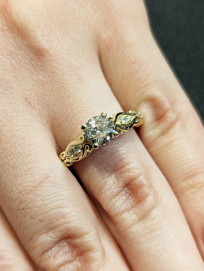 Vintage Salt and Pepper Diamond Engagement Ring in Solid Yellow Gold, Unique Grey Diamond Women's Ring, Affordable Gift For Her, Women Gifts