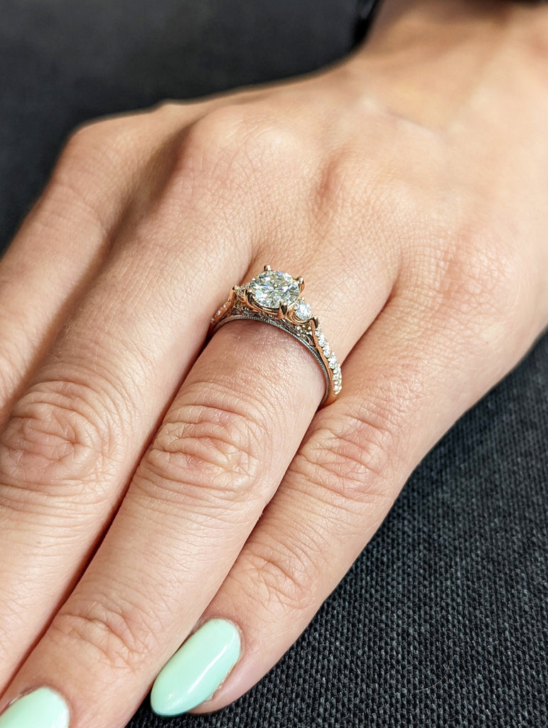 Moissanite engagement ring round cut vintage engagement ring prong set ring moissanite ring two tone anniversary ring rose & white gold