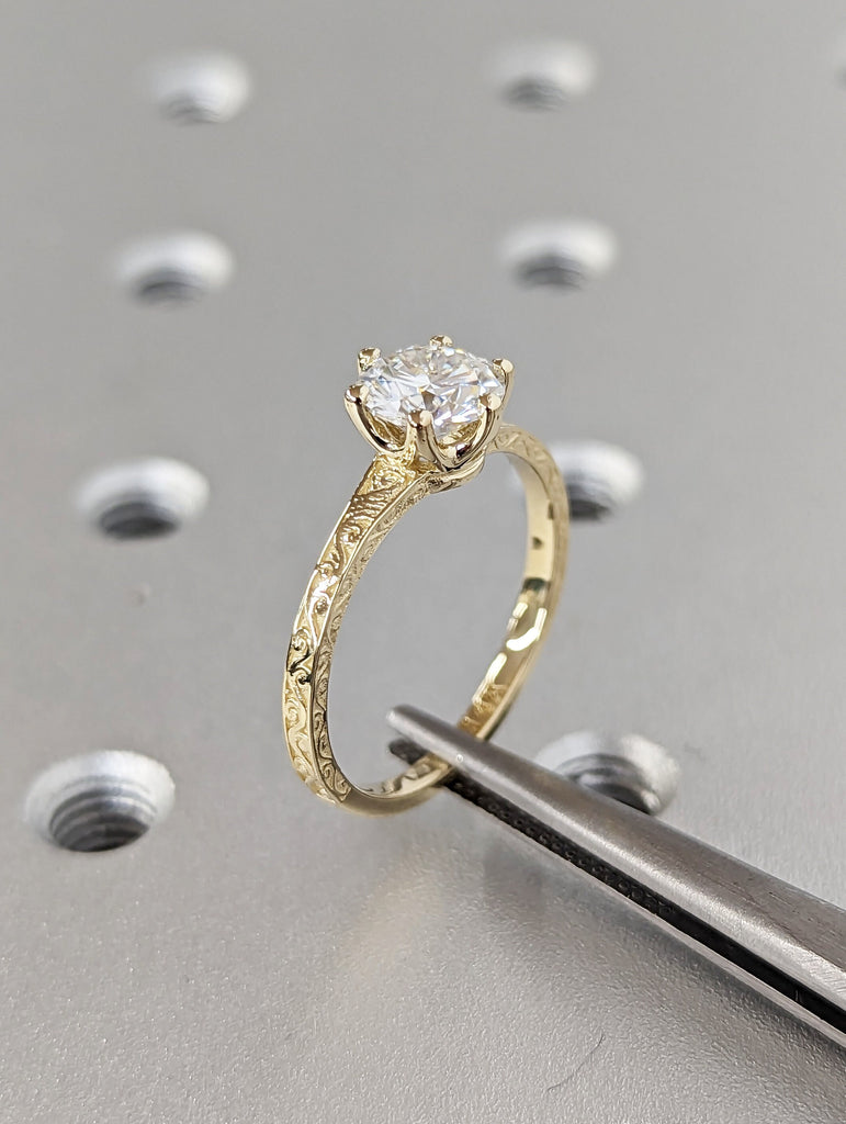 Colorless Moissanite 14k Rose /White /Yellow Gold Engagement Ring Art Deco 1920's Inspired Thin Petite Band 18k Unique Promise Ring for Her