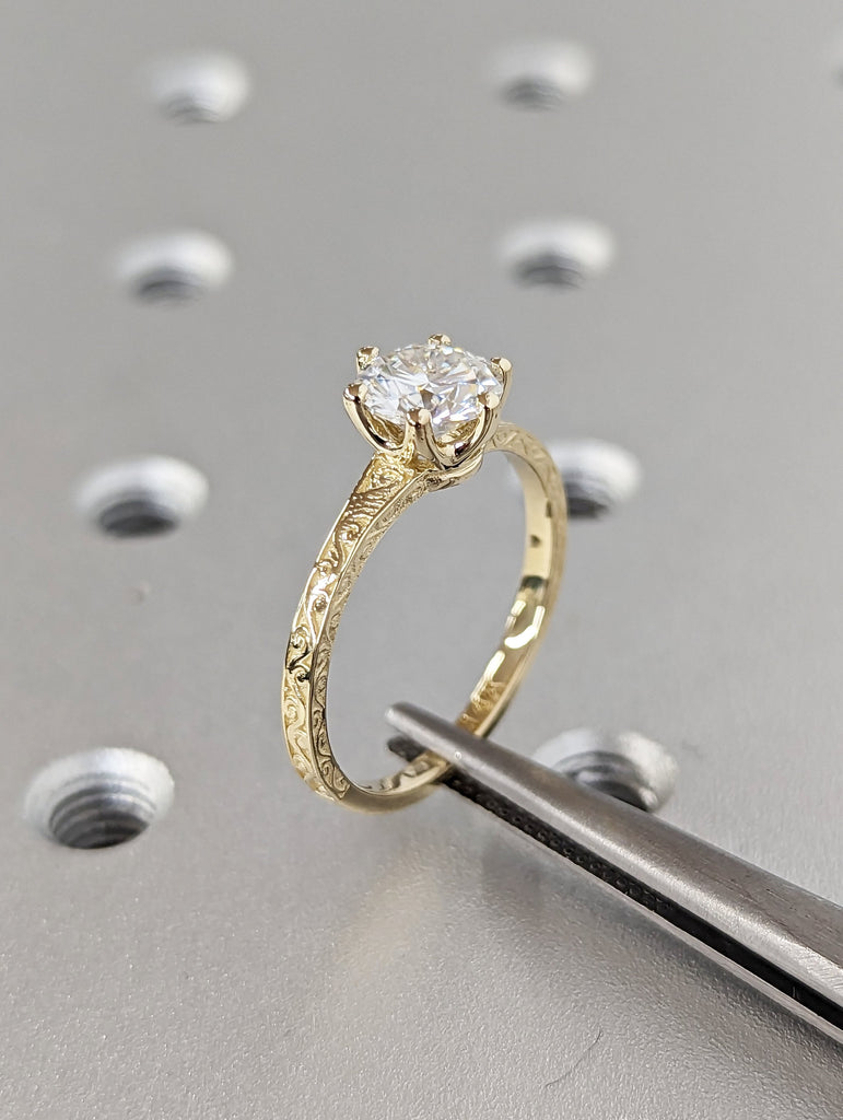 Colorless Moissanite 14k Rose /White /Yellow Gold Engagement Ring Art Deco 1920's Inspired Thin Petite Band 18k Unique Promise Ring for Her