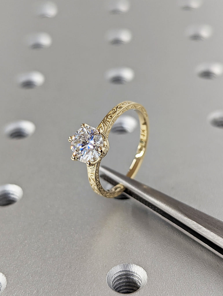 Colorless Moissanite 14k Rose /White /Yellow Gold Engagement Ring Art Deco 1920's Inspired Thin Petite Band 18k Unique Promise Ring for Her