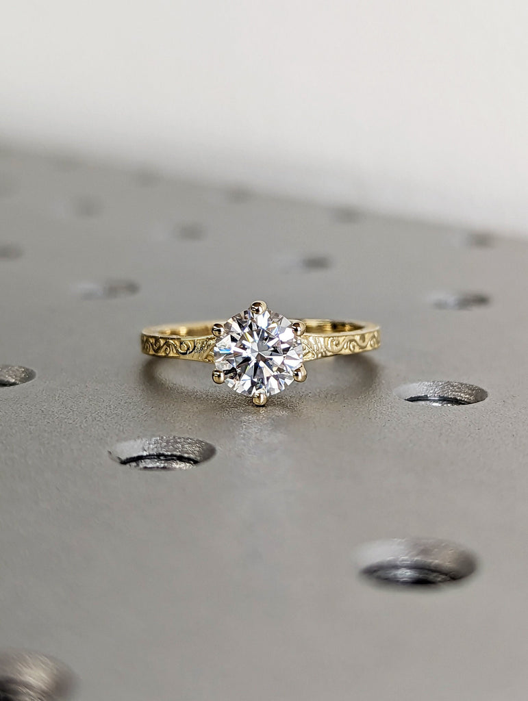 Colorless Moissanite 14k Rose /White /Yellow Gold Engagement Ring Art Deco 1920's Inspired Thin Petite Band 18k Unique Promise Ring for Her